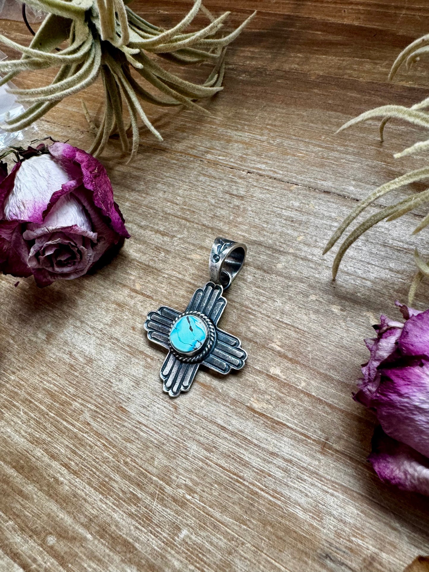 Zia Symbol Pendant with Golden Hill Turquoise – Sterling Silver – Native Made – Fits 8mm