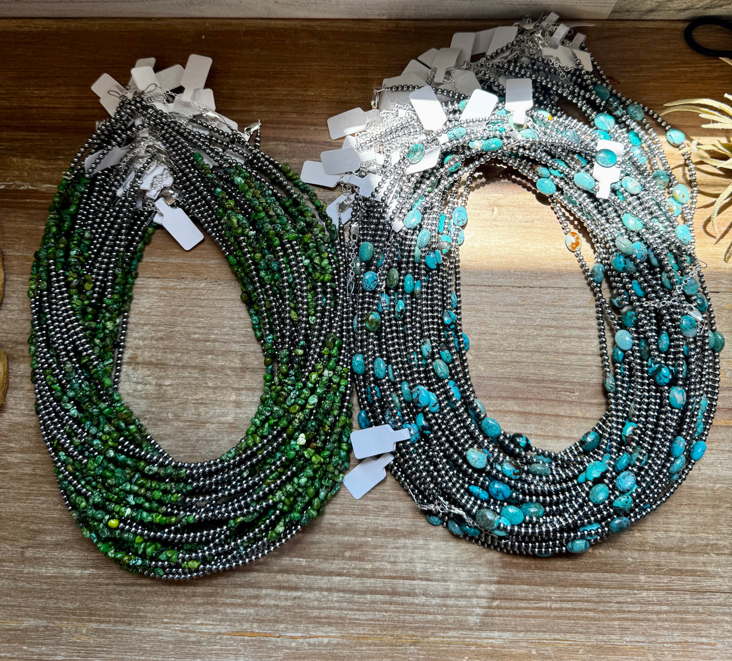 19” Necklace – Sterling Silver Pearls & Bright Green Nugget Turquoise