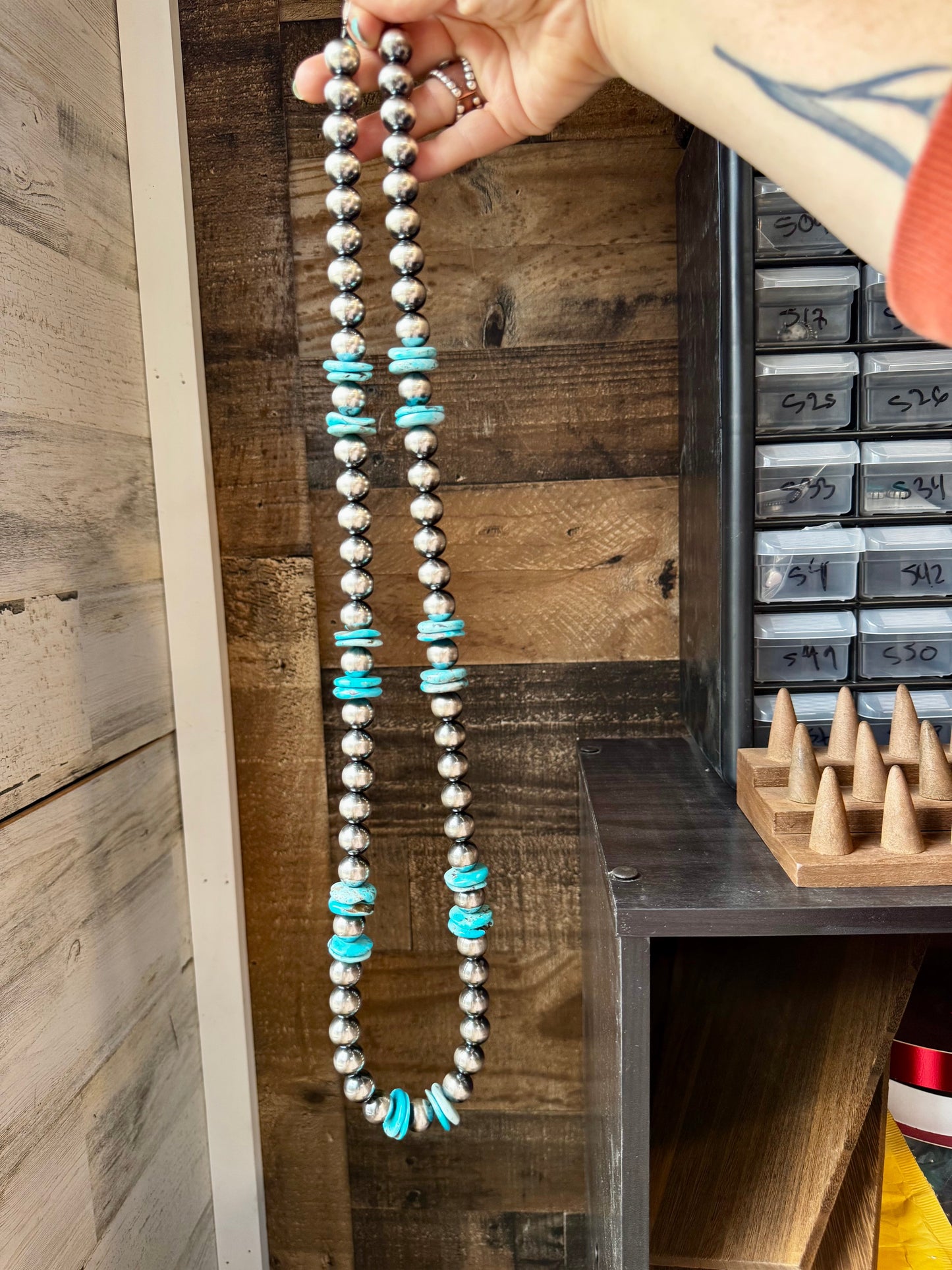 39 inch - American Rodeo Collection - 14 mm Sterling Silver Pearls & Turquoise