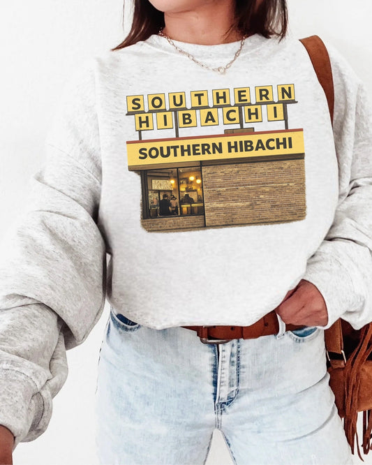 Southern Hibachi Retro Restaurant Sign Gildan Sport Grey Shirt – Graphic Tee, Long Sleeve & Crewneck.