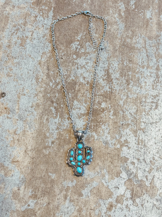Turquoise Cactus Pendant Necklace – Western Silver Chain Statement Necklace