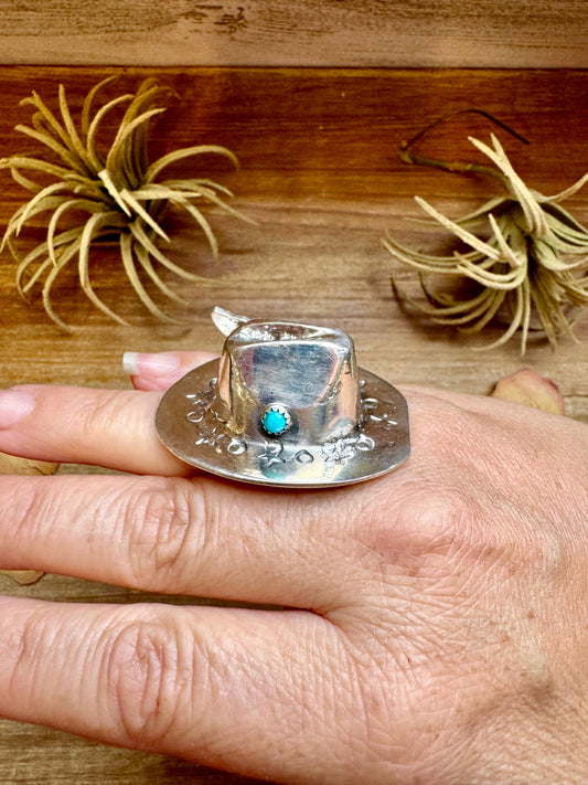 Adjustable Cowboy Hat Ring – Kingman Turquoise – Sterling Silver – Navajo Handmade by Robby Manuelito – USA