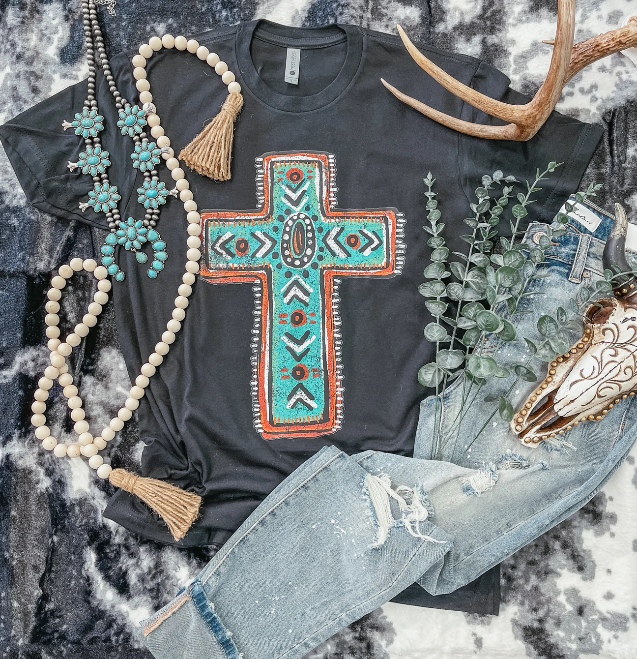 Turquoise Aztec Cross Western Faith Shirt – Graphic Tee, Long Sleeve & Crewneck.