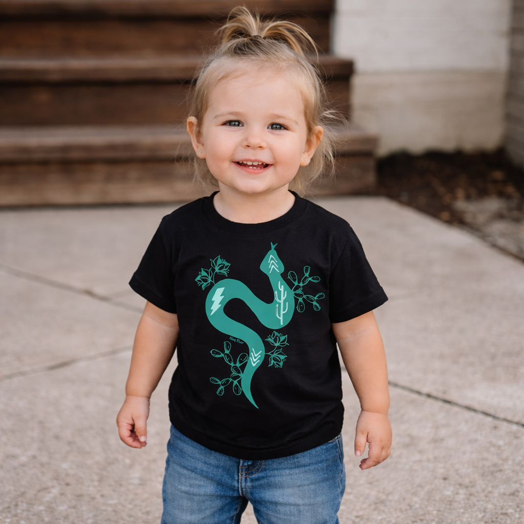 Turquoise Western Snake Graphic Shirt on Gildan Softstyle Black Shirt – Graphic Tee, Long Sleeve & Crewneck.