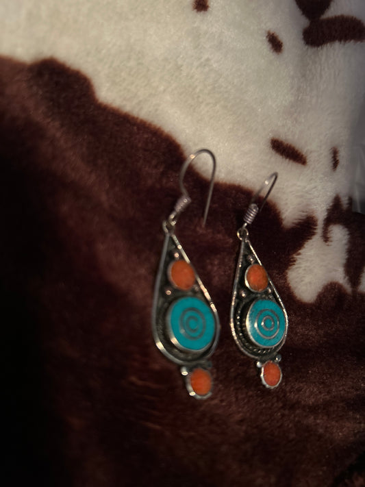 WD- Tibetan Turquoise and Red Coral On Sterling Silver Earrings