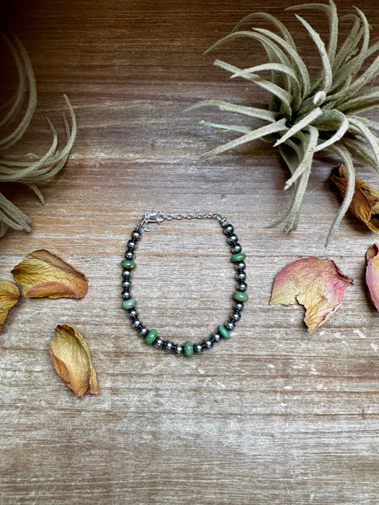 Sterling Silver Pearls with Green Turquoise Rondelles Bracelet