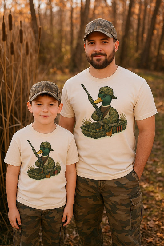 Camo Duck Hunter Dad & Kid Matching Kids–Adult Sizes Shirt – Graphic Tee, Long Sleeve & Crewneck