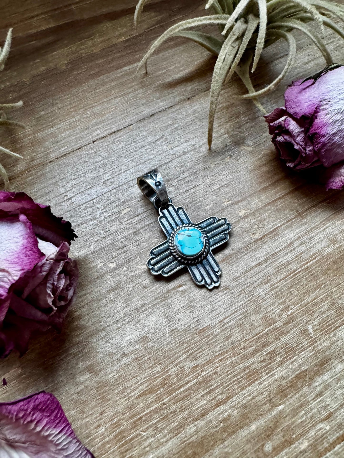 Zia Symbol Pendant with Golden Hill Turquoise – Sterling Silver – Native Made – Fits 8mm