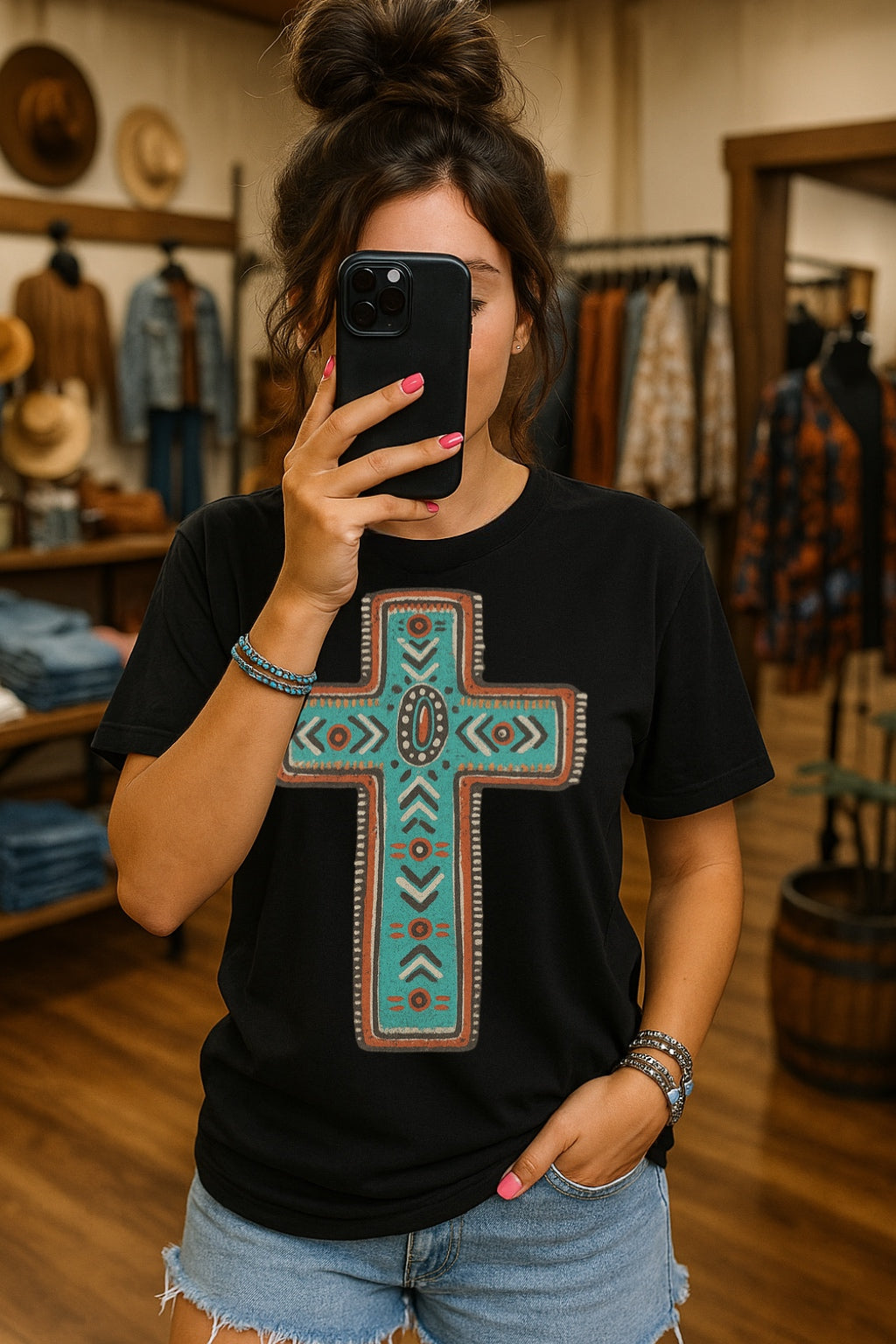 Turquoise Aztec Cross Mommy & Me Kids–Adult Gildan Black Shirt – Graphic Tee, Long Sleeve & Crewneck.