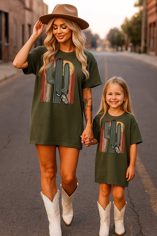 Desert Cactus Sunset Mommy & Me Kids–Adult Gildan Military Green Shirt – Graphic Tee, Long Sleeve & Crewneck.