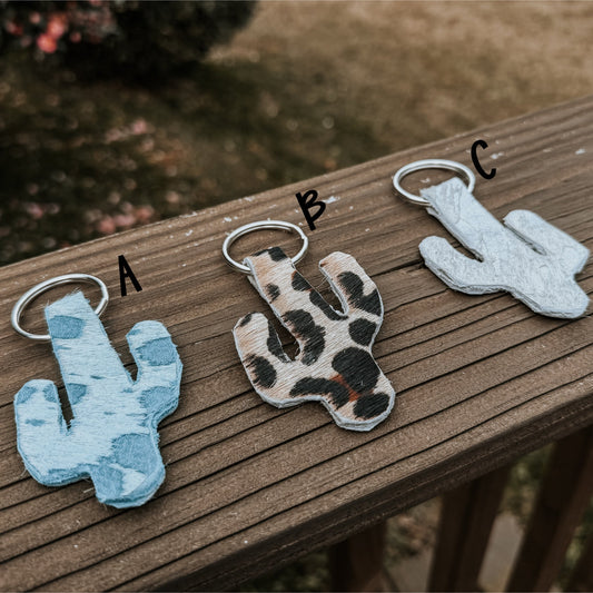 Double-Sided Genuine Hair-On-Hide Cactus Keychain – Speckled Cowhide