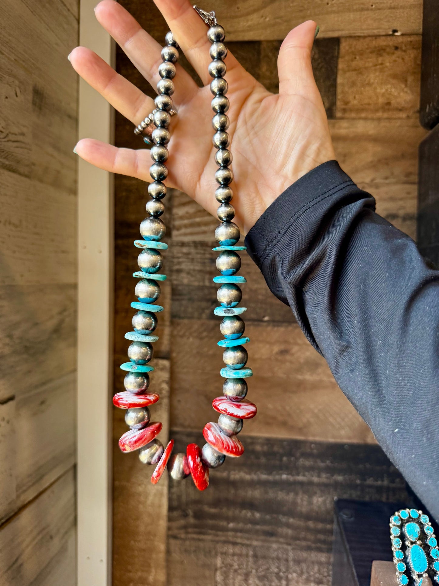 21  inch - American Rodeo Collection - 10 mm Sterling Silver Pearls, Red Spiny & Turquoise