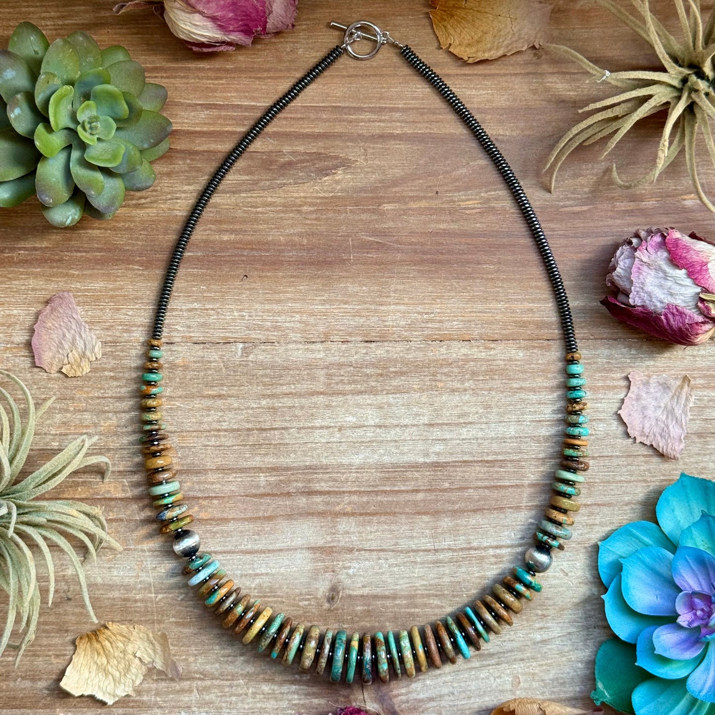 23” Dark Green Turquoise Graduated Necklace – Sterling Silver & Hematite