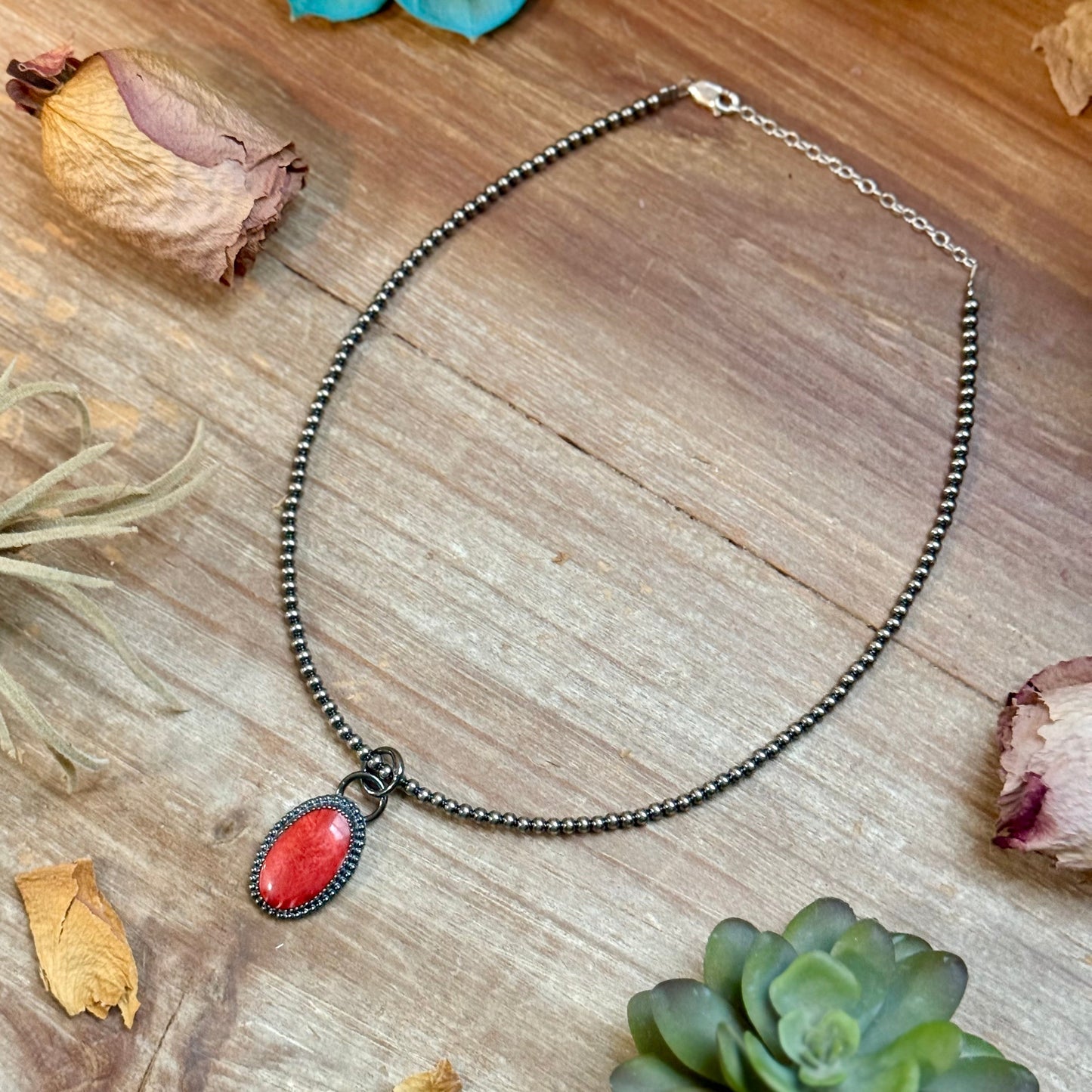 ***FREE Sterling Silver Pearl Necklace + MJ Oval Red Spiny Oyster Pendant