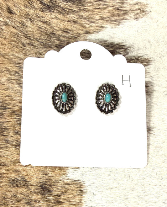 Faux Turquoise Concho Stud Earrings – Silver Western Cowgirl Studs
