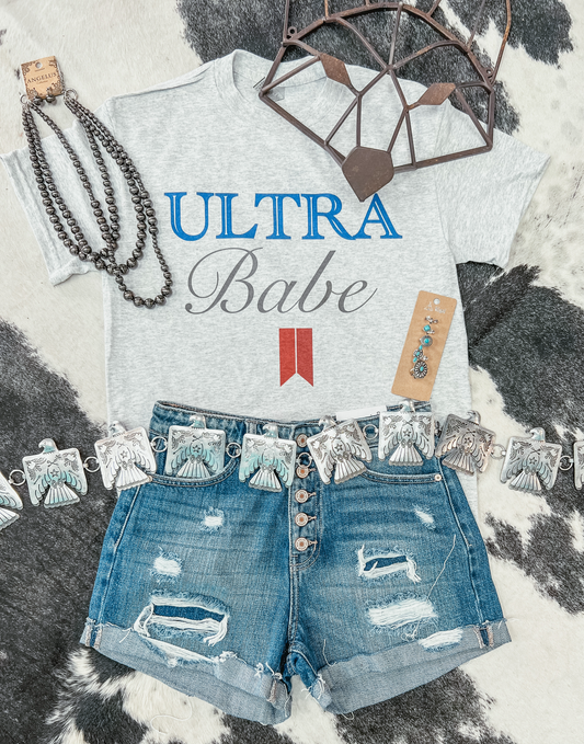 Ultra Babe Graphic on Gildan DryBlend Ash Shirt – Graphic Tee, Long Sleeve & Crewneck.