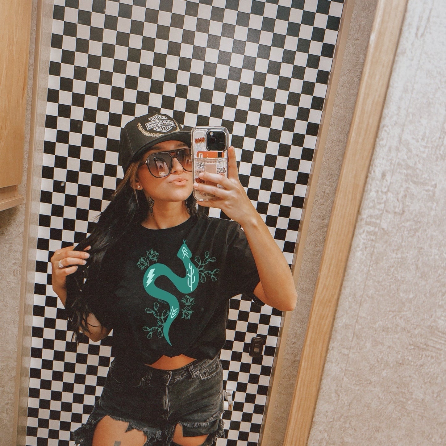 Turquoise Western Snake Graphic Shirt on Gildan Softstyle Black Shirt – Graphic Tee, Long Sleeve & Crewneck.