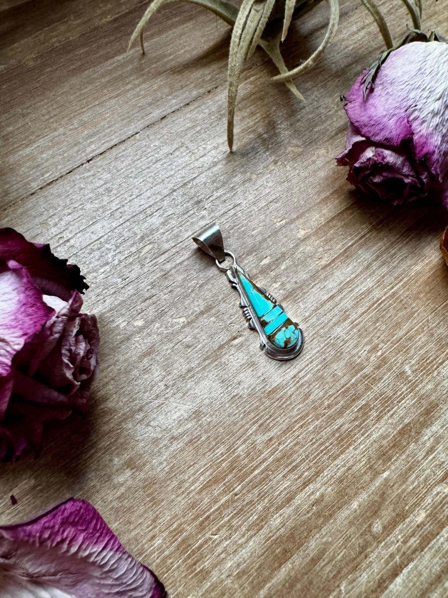 Teardrop Pendant with Kingman Turquoise – Option 5 – Sterling Silver – Native Made by SF – Fits 5mm