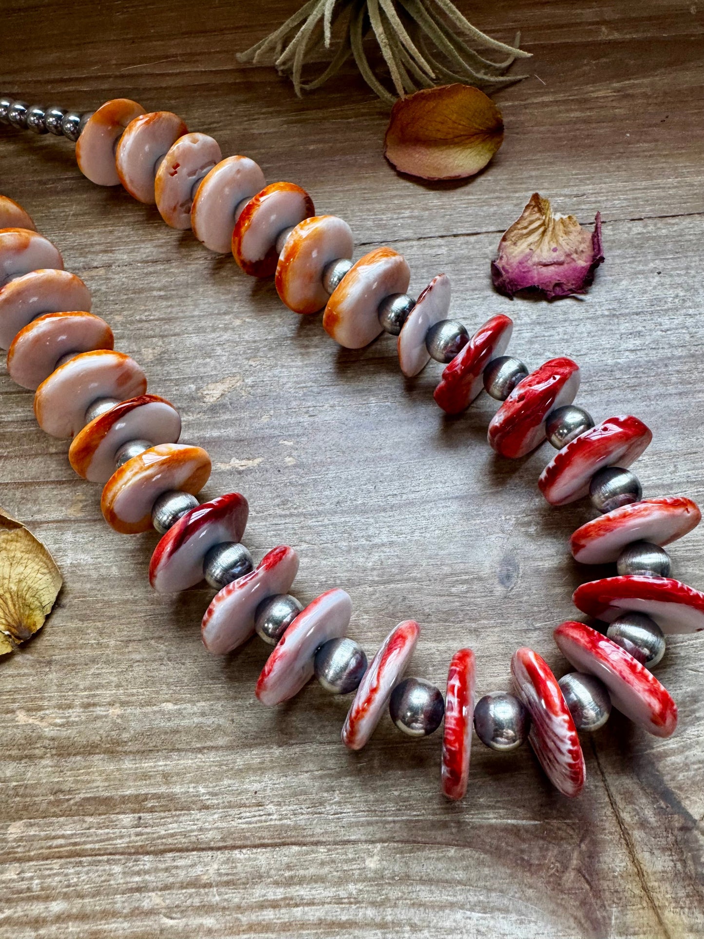 27 1/2 inch - American Rodeo Collection - 8-10 mm Sterling Silver Pearls & Red-Orange Spiny