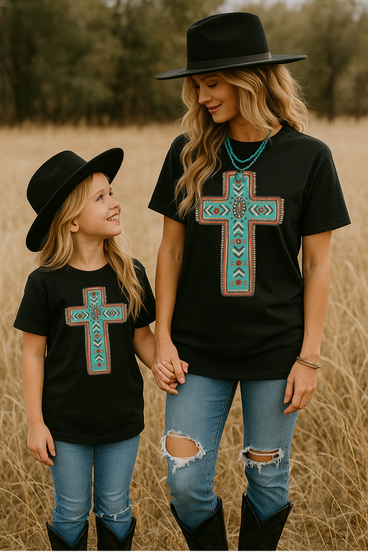 Turquoise Aztec Cross Mommy & Me Kids–Adult Gildan Black Shirt – Graphic Tee, Long Sleeve & Crewneck.