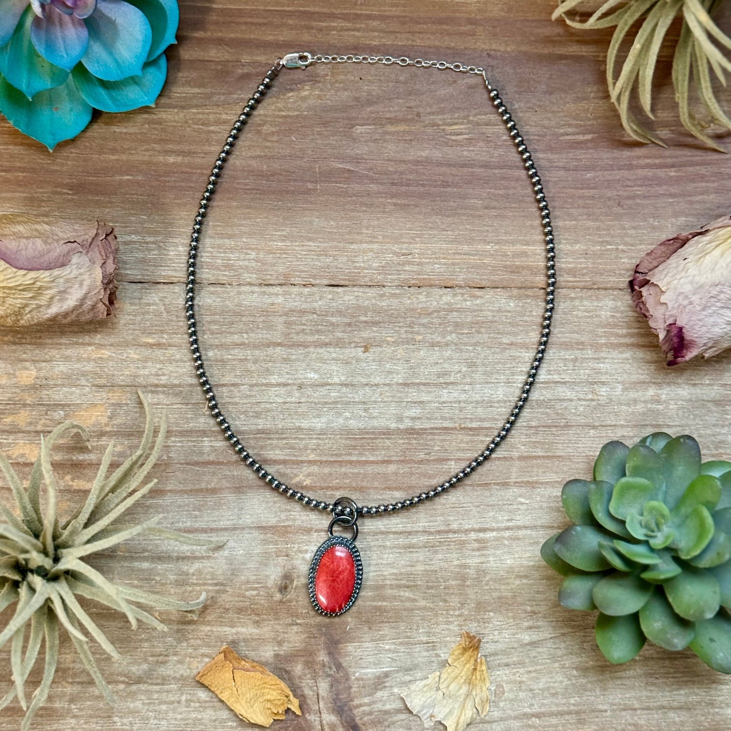 ***FREE Sterling Silver Pearl Necklace + MJ Oval Red Spiny Oyster Pendant