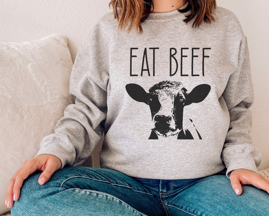 Eat Beef Cow Graphic Sport Grey Mommy & Me Kids–Adult Shirt – Graphic Tee, Long Sleeve & Crewneck.