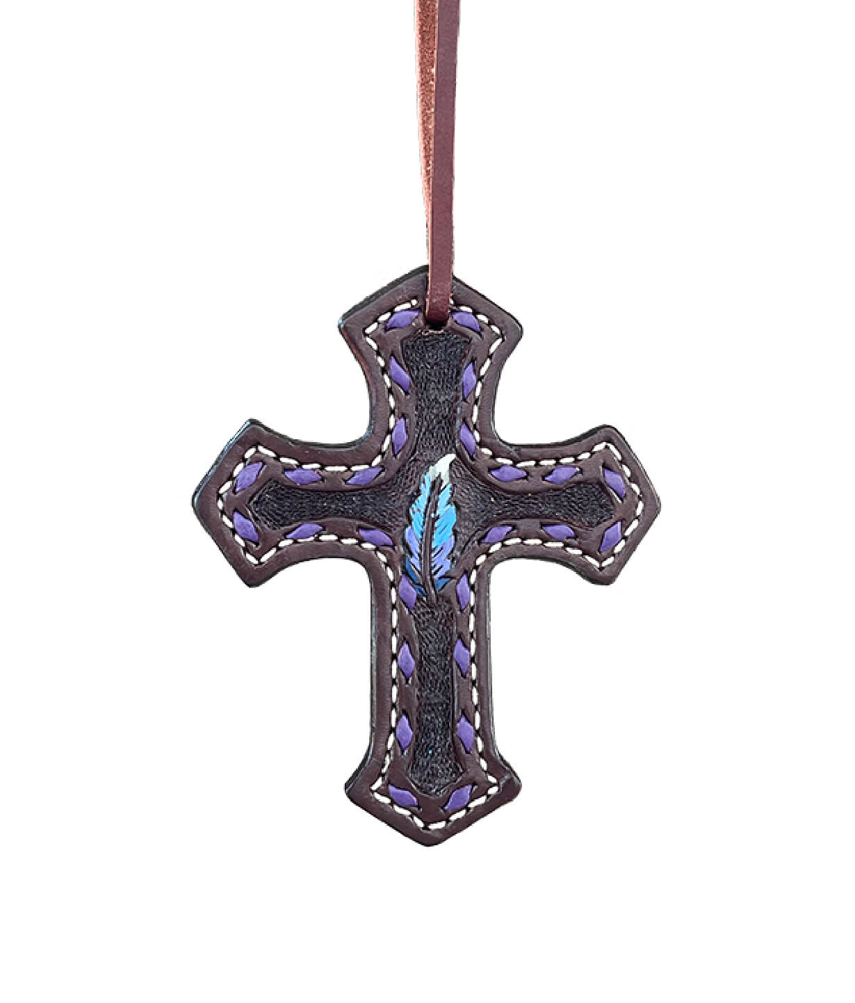 108-FEATHER2 Cross chocolate leather multicolored feather tooled with buckstitch