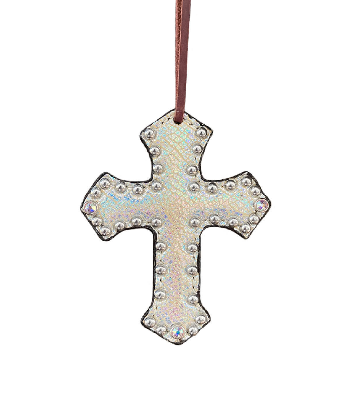 108-J8 Cross toast leather holographic overlay with crystals and spots