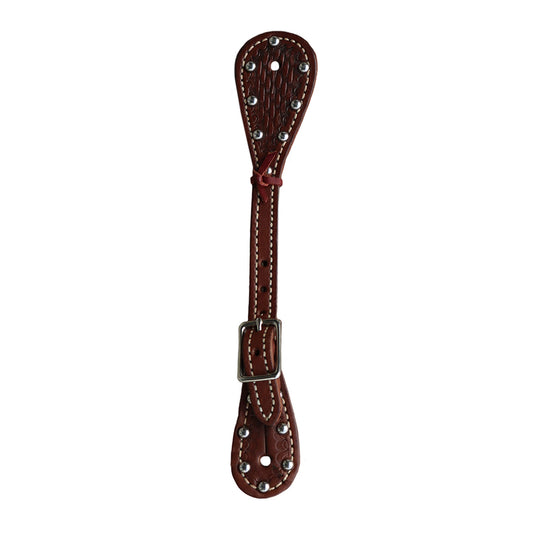 370-CHKP Youth spur straps chocolate leather basket tooled with spots