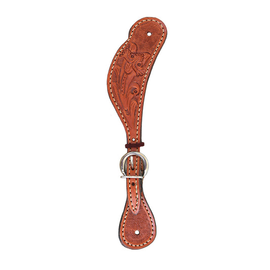 382-COL Ladies spur straps golden leather colonial tooling