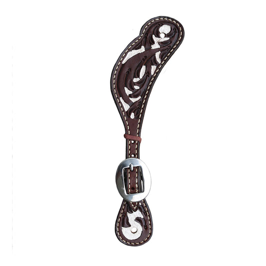 382-CW Ladies spur straps chocolate leather vine tooling with background paint