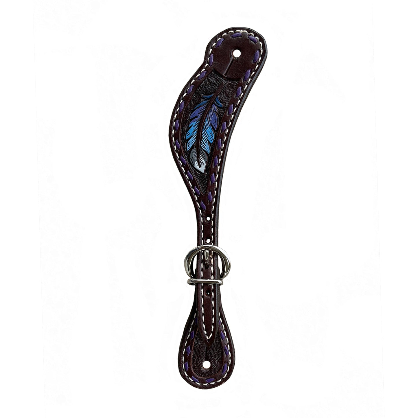 382-FEATHER Ladies spur straps chocolate leather feather tooled