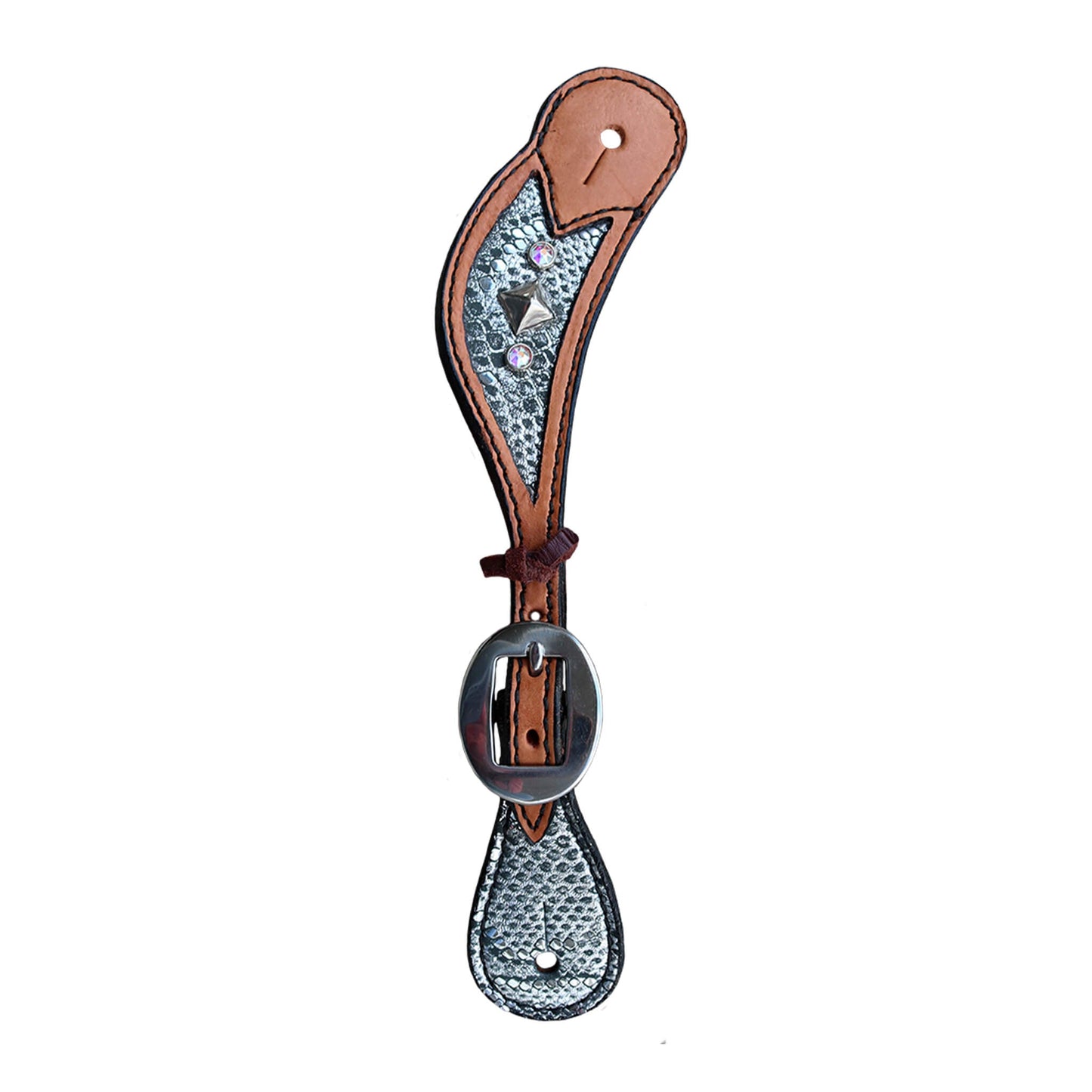 382-GPS Ladies and youth spur straps golden leather silver python inlay with crystals and spots