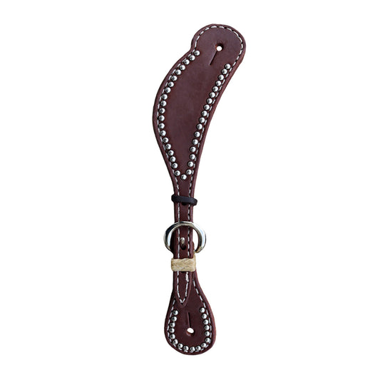 382-HP Ladies spur straps heavy oiled chocolate leather with spots