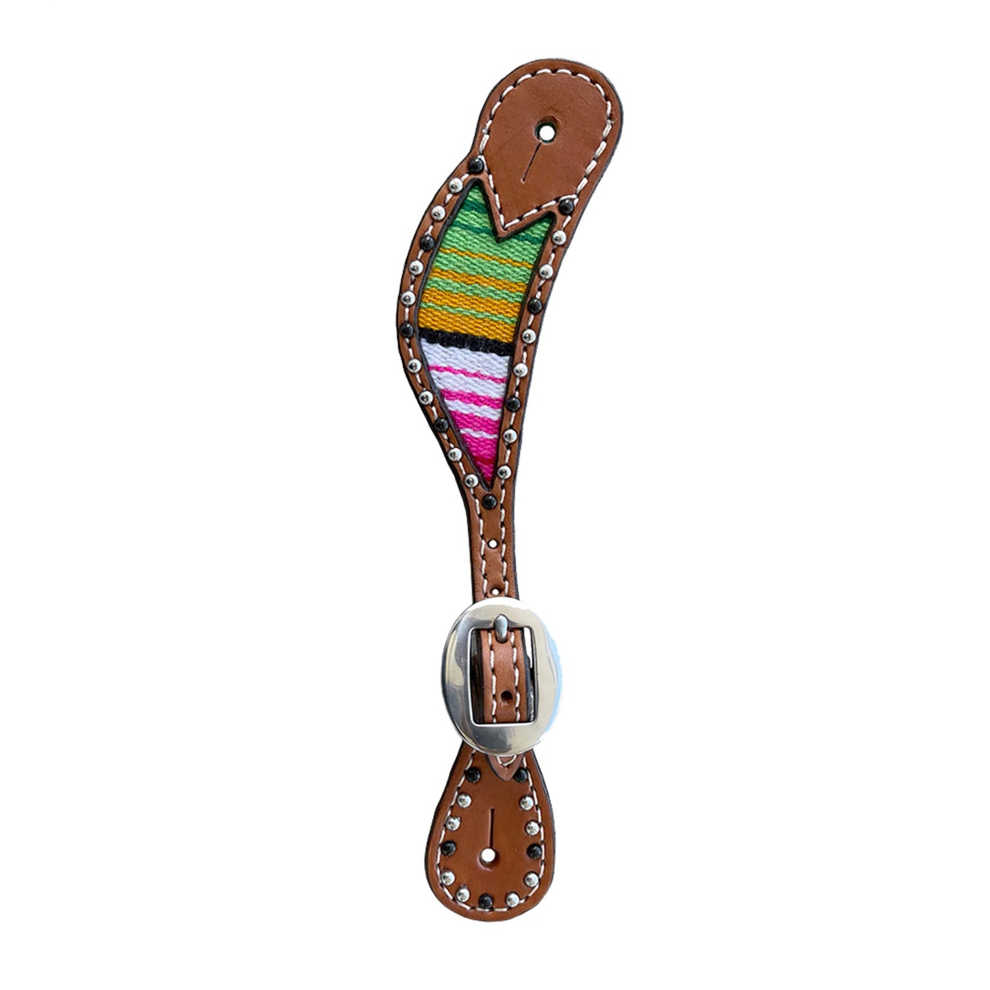382-SERAPE Ladies spur straps golden leather serape inlay with spots