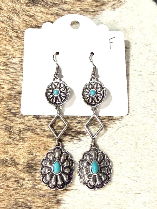 Faux Turquoise Concho Dangle Earrings – Silver Western Cowgirl Statement Earrings