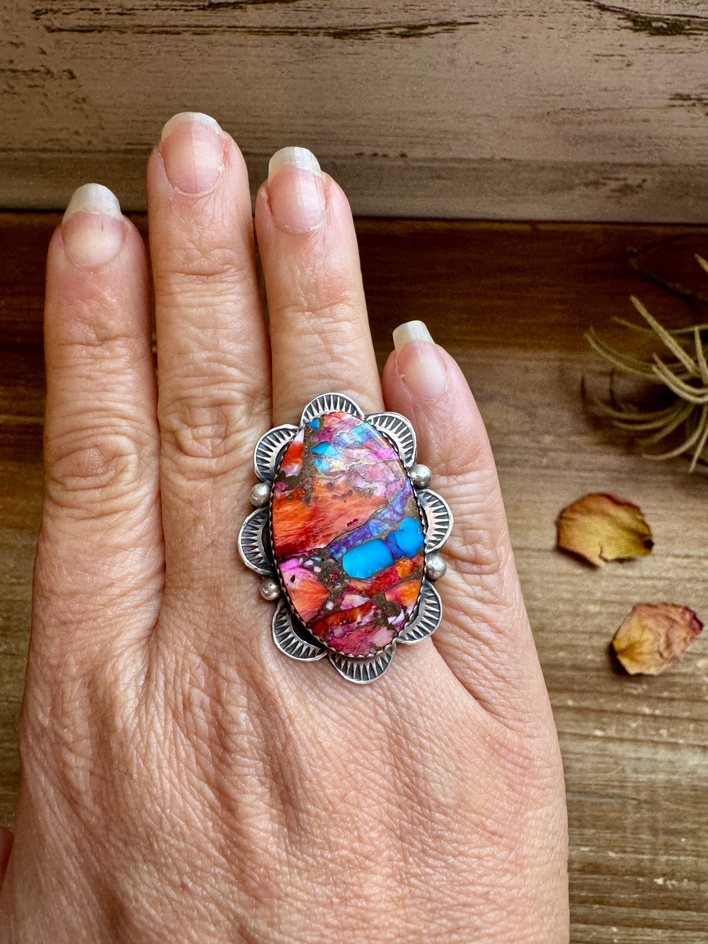 Adjustable Ring – Pink Dahlia Stone – Sterling Silver – Tia Long Navajo Handmade