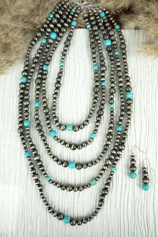 Nevada Turquoise and Silver Pearl Necklace And Earring Set