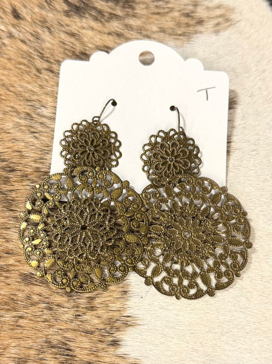 Antique Gold Filigree Lace Dangle Earrings – Boho Western Statement Earrings