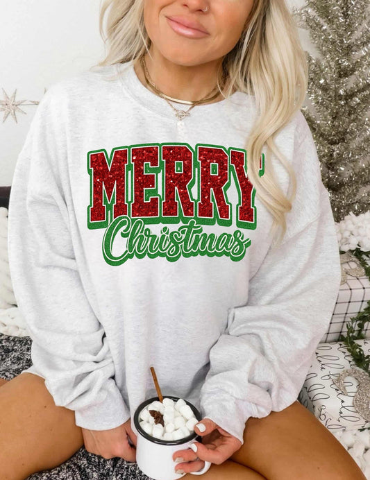 Red Faux Glitter Merry Christmas Script Shirt – Graphic Tee, Long Sleeve & Crewneck
