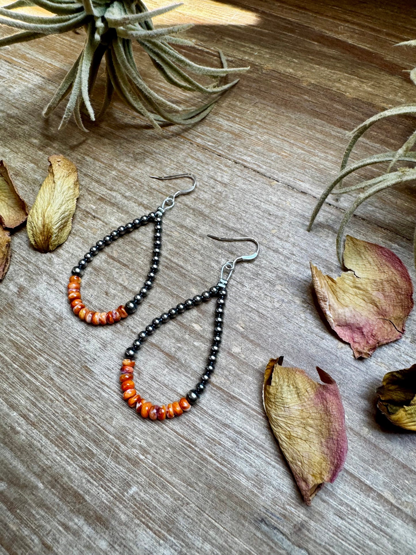 Teardrop Earrings – Sterling Silver Pearl & Orange Spiny Oyster