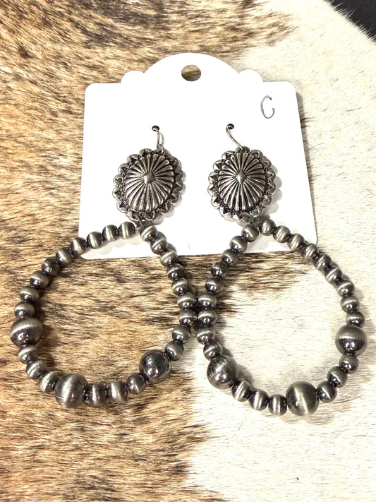 Faux Navajo Pearl Beaded Hoop Earrings with Silver Concho – Western Cowgirl Statement Earrings