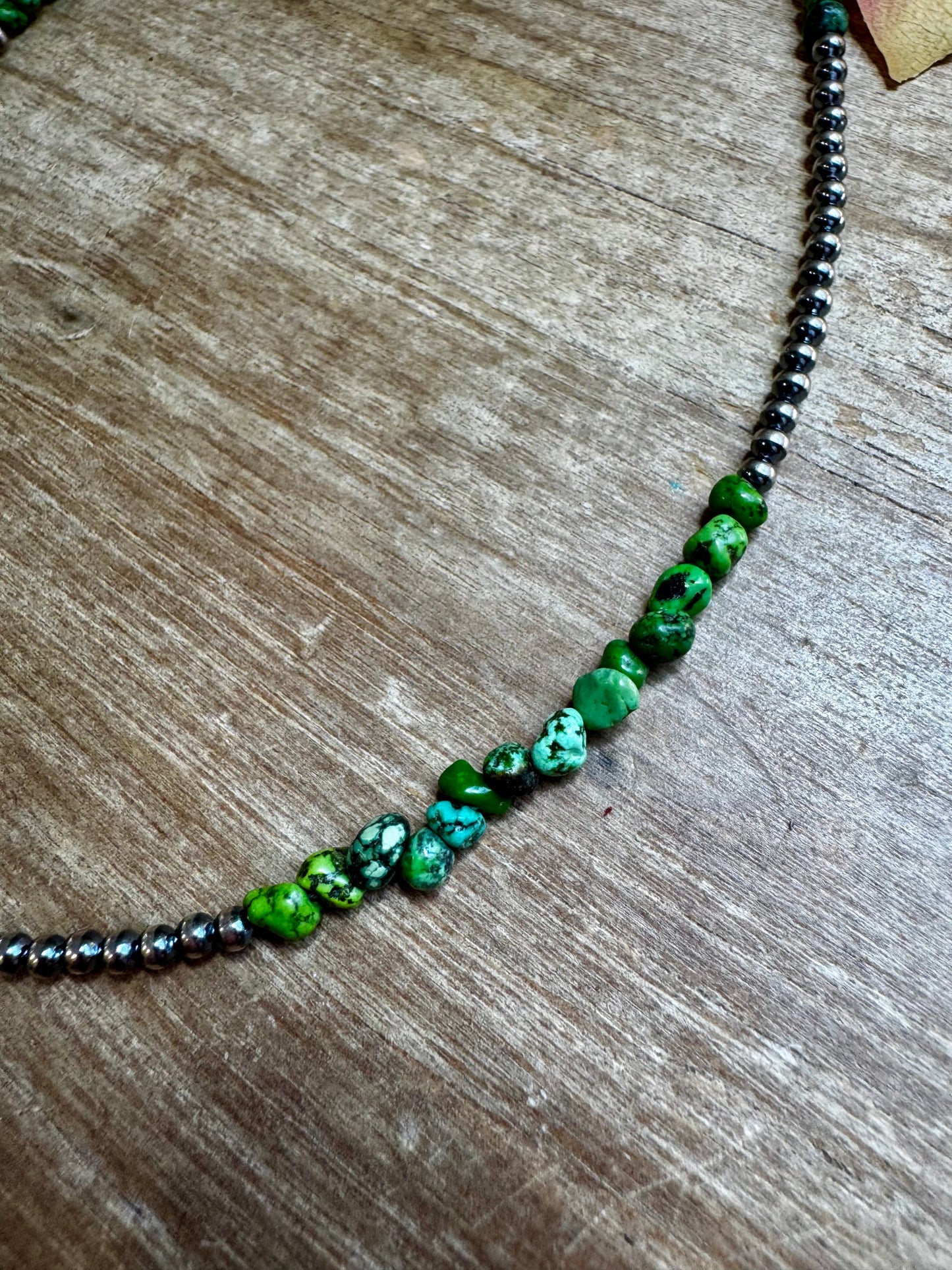 19” Necklace – Sterling Silver Pearls & Bright Green Nugget Turquoise