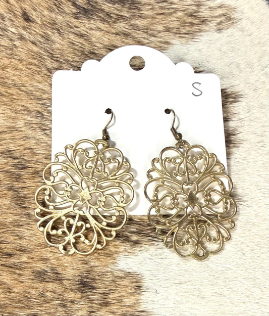 Gold Filigree Flower Dangle Earrings – Lightweight Boho Western Statement Earrings