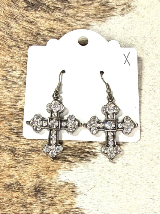 Rhinestone Cross Dangle Earrings – Silver Western Bling Cross Earrings