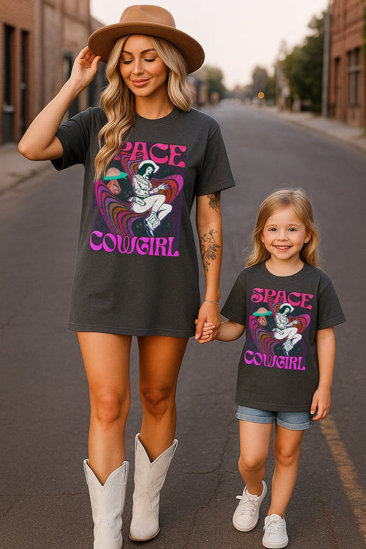 Space Cowgirl Mommy & Me Kids–Adult Sizes Shirt – Graphic Tee, Long Sleeve & Crewneck