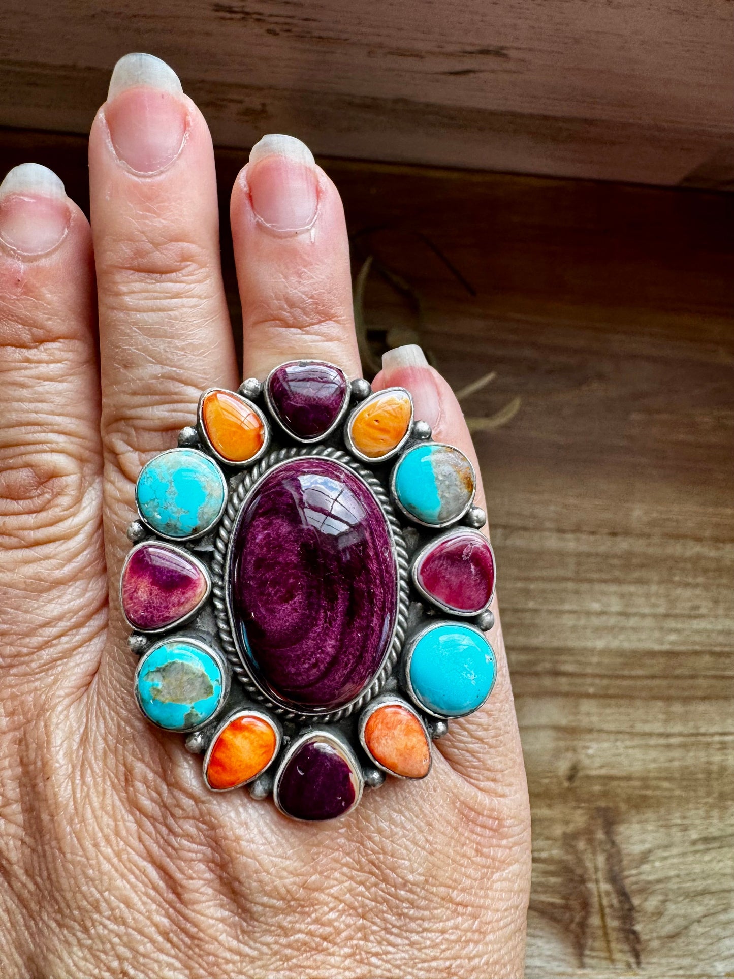 Adjustable Cluster Ring – Purple Spiny Oyster & Sonoran Gold by E. Richards, Native Made