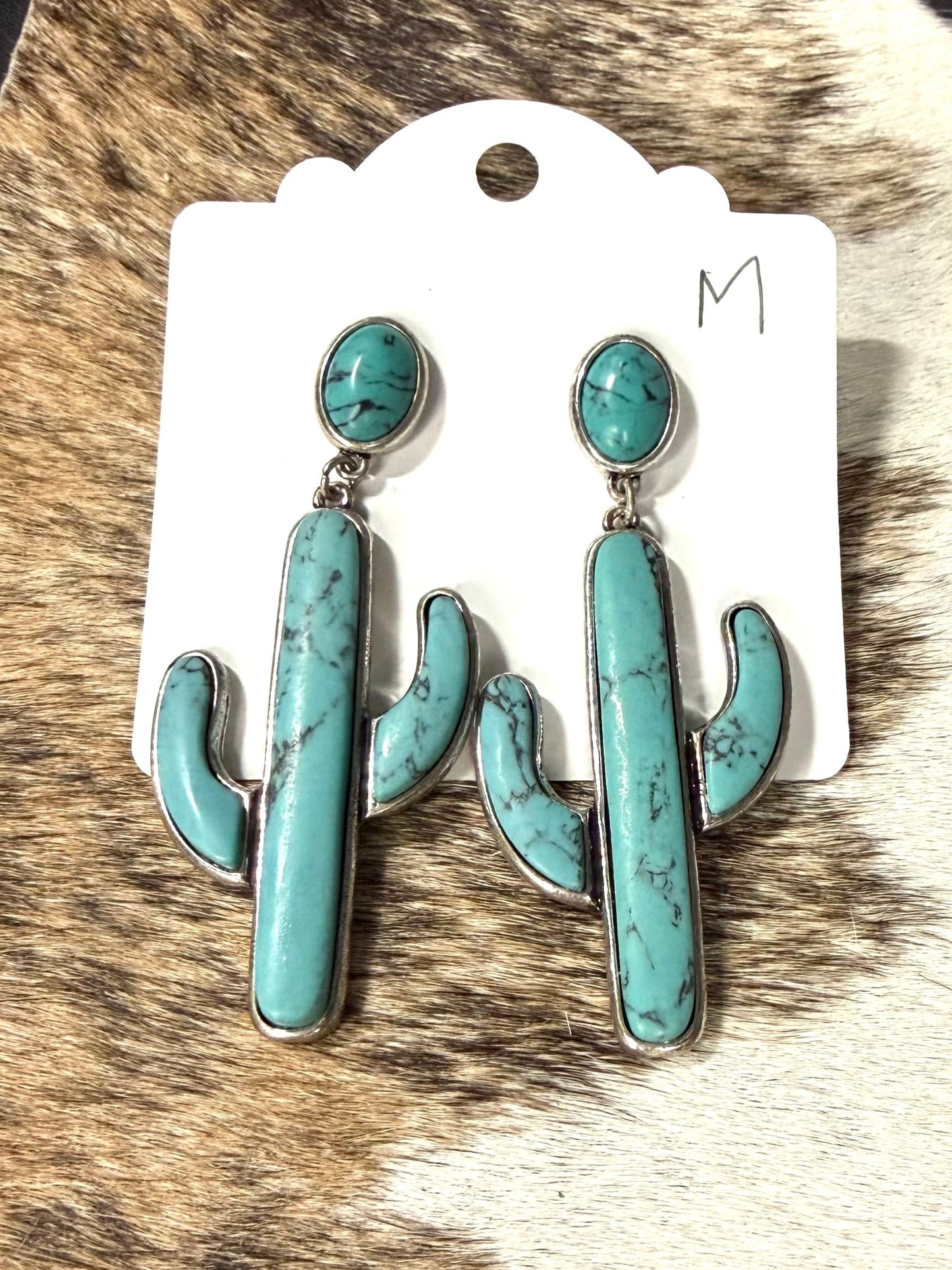 Faux Turquoise Cactus Dangle Earrings – Silver Western Desert Statement Earrings