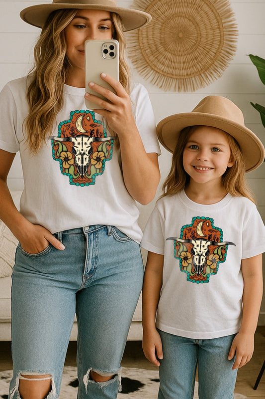 Western Longhorn Skull Floral Matching Mom & Me Shirt – Graphic Tee, Long Sleeve & Crewneck