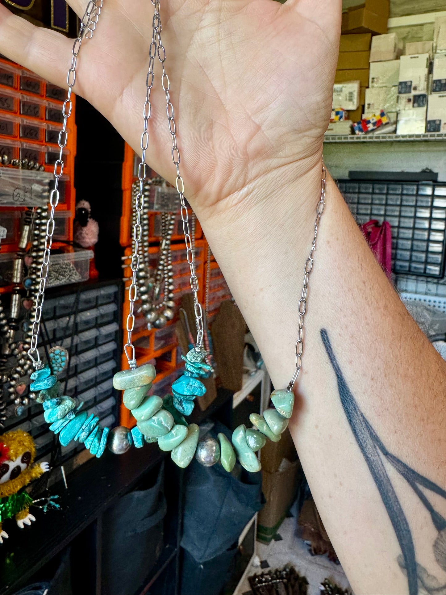 Turquoise Chip Necklace – Sterling Silver Pearl Accent – Paperclip Chain